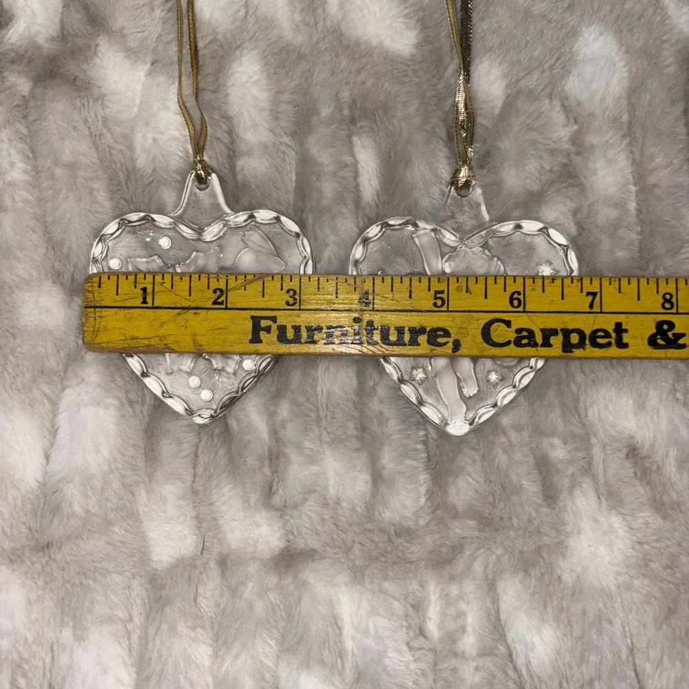 2 Mikasa Crystal Glass Heart Shaped Ornaments Cardinal Angel Cherub Gold Hangers
